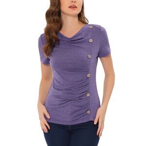 Cowl Neck Women's Short Sleeve Button Decor Ruched Casual Basic T-Shirt Purple